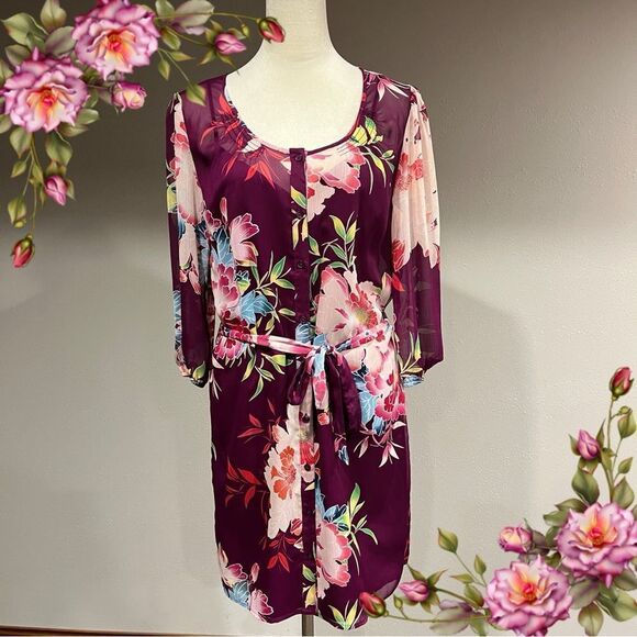 Express long sleeve floral mini dress with under slip with belt size Small - Picture 1 of 14